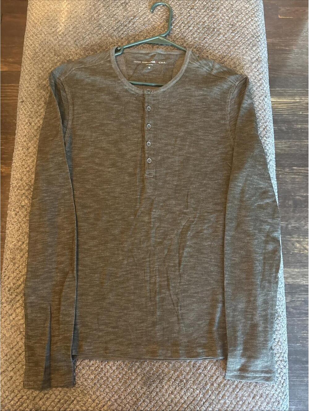 John Varvatos Shirt Mens M Gray Henley Long Sleeve Stretch Thermal Waffle Knit